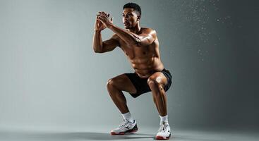Muscular Black Man Performing a Bodyweight Squat Exercise in a Studio Setting photo
