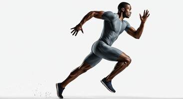 Muscular black male athlete sprints forward in dynamic action shot studio photo