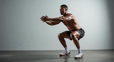 Muscular Black Man Performing a Squat Exercise Against a Neutral Backdrop photo