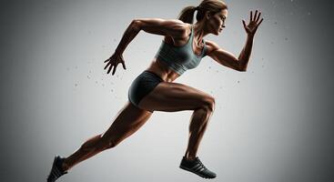 Muscular female athlete sprinting with determination and power on gray background photo