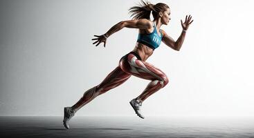 Muscular female runner sprinting with visible muscle anatomy in studio photo
