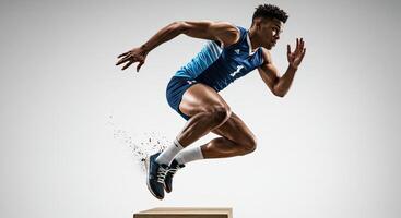 Muscular male athlete explosively launching forward in a dynamic sprint action photo