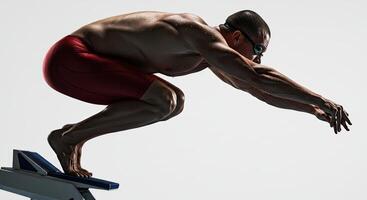 Muscular male swimmer poised for dive demonstrating power and precision photo