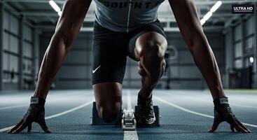 Muscular male sprinter poised to launch in starting blocks on track photo