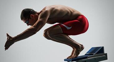 Muscular male swimmer poised on starting block ready to dive in water photo