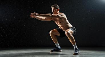 Muscular man doing a squat exercise in a dark studio with water droplets photo