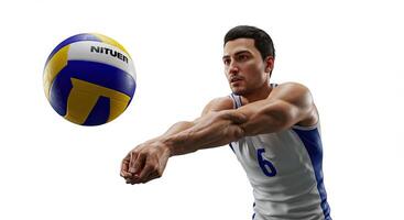 Muscular man in action playing volleyball with athletic determination photo