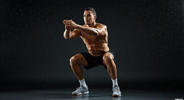 Muscular man doing squats exercise against a dark background during workout session photo