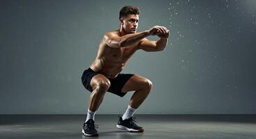 Muscular man doing squats in a gym setting, athletic fitness workout. photo