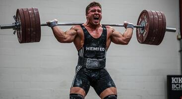 Muscular man performing overhead press with barbell in gym determination photo