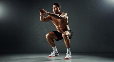 Muscular man performing a bodyweight squat exercise in a studio setting photo