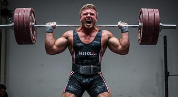 Muscular man weightlifting and screaming with heavy barbell overhead press photo