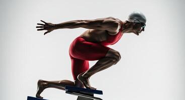 Muscular swimmer in starting position ready to dive into the pool race photo