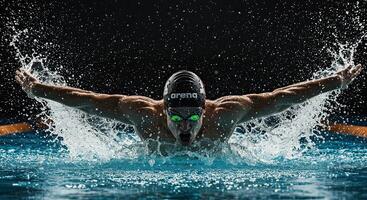 Muscular swimmer in action performing the butterfly stroke in swimming pool photo