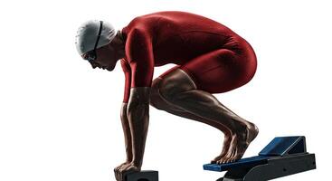 Muscular swimmer in starting position ready for race on white background photo