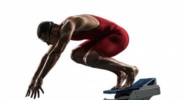 Muscular swimmer poised on starting block ready for competitive race photo