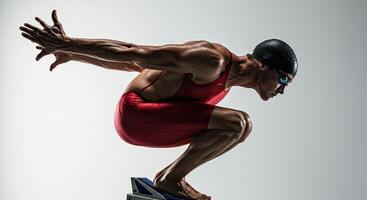 Muscular swimmer poised on starting block ready for competition jump photo
