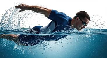 Muscular swimmer powerfully gliding through blue water in butterfly stroke photo