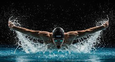 Muscular swimmer powerfully demonstrates butterfly stroke in dynamic water photo
