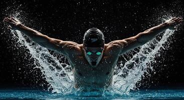 Muscular swimmer powerfully performs butterfly stroke with water splash photo