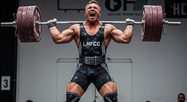 Muscular weightlifter successfully lifting heavy barbell overhead in gym photo