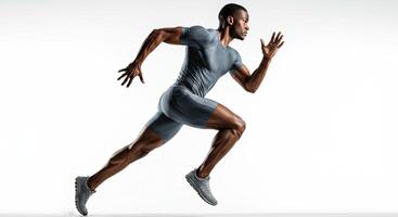 Powerful African American athlete sprints in dynamic full body studio shot photo