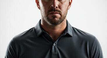 Portrait of a confident man in a polo shirt against a white backdrop photo