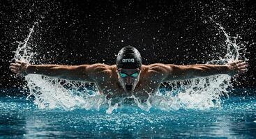 Powerful swimmer in action butterfly stroke with splashing water effect photo