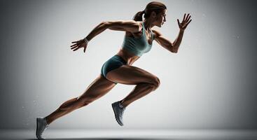 Powerful female athlete sprinting with determination and strength in studio photo