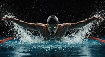 Powerful swimmer in action performing butterfly stroke with splashing water photo