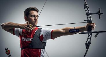 Professional archer aiming bow and arrow during training session indoors photo