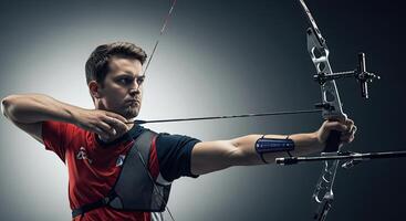 Professional Archer Aiming with Bow and Arrow Concentrating on the Target photo
