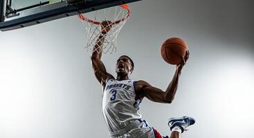 Professional basketball player powerfully dunking the ball in a competitive game photo