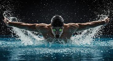 Powerful swimmer in action performing butterfly stroke in pool water photo