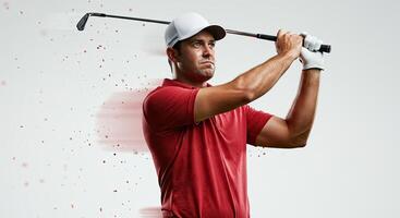 Professional golfer swings golf club with power in action shot studio photo