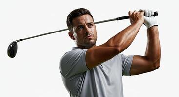 Professional golfer swinging club with power during golf game photo