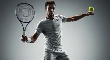 Professional male tennis player hitting a ball with racket in action shot photo