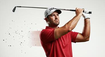 Professional male golfer swings club during golf game with powerful motion photo