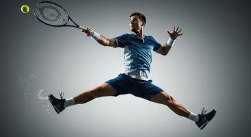 Professional male tennis player in dynamic action shot hitting forehand photo