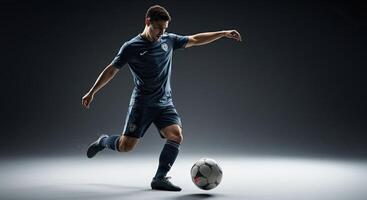 Professional soccer player in action kicking the ball on a grey background. photo