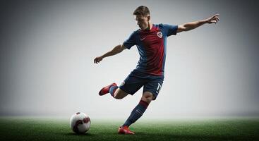 Professional soccer player kicking the ball on green field against a neutral background photo