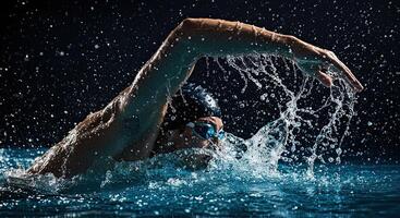 Professional swimmer in action performing freestyle stroke in water pool photo