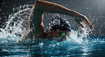 Professional swimmer in action with water splash during freestyle stroke photo