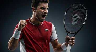 Professional tennis player celebrating victory with fierce expression action photo