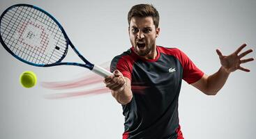Professional tennis player hitting forehand with energy and determination photo