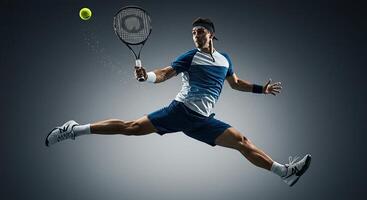 Professional tennis player in mid-air during a powerful forehand shot photo