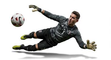 Soccer goalkeeper diving to save a shot during a game against a white background. photo