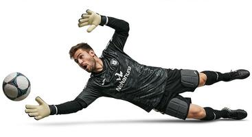 Soccer goalkeeper diving to save the ball in action against a white background photo