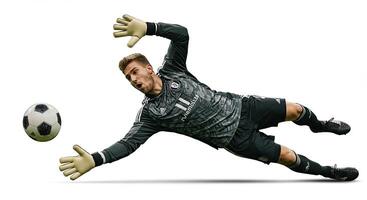 Soccer goalkeeper diving to save a ball against a clean white background. photo
