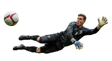 Soccer goalkeeper diving to save the ball during a fast-paced competitive match photo